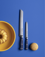 SC Hospitality Wüsthof Wild Blueberry bread knife and paring knife set with blue handles on a blue background