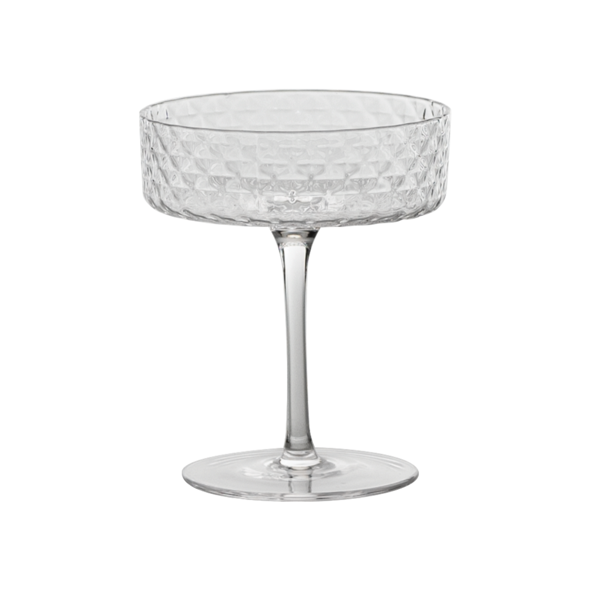 SC Hospitality Zafferano Mixology clear glass champagne goblet with geometric textured bowl on a slender stem